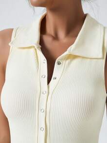 Women's V-Neck Polo Collar Button Design Sleeveless Jumpsuit, Ribbed Elastic Abdominal Compression Running Dance Fitness Yoga Tennis Sports Summer - White - View 3