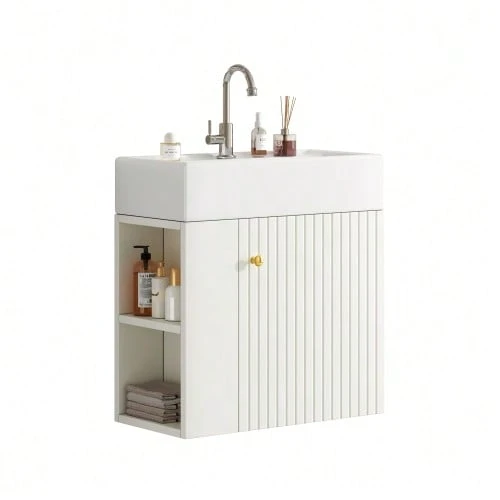 Bathroom Furniture Washbasin With Vanity Unit 55 Cm, Vanity Unit, Wall-Mounted Vanity Unit White, Small Guest Bathroom Furniture - White - View 1