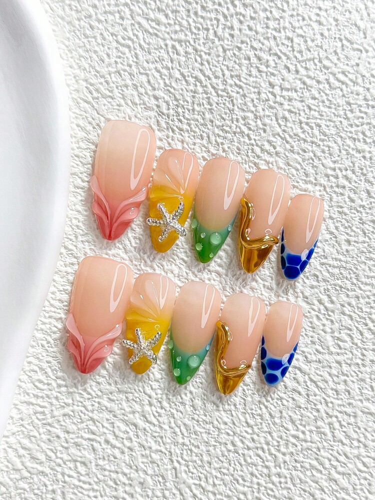 10pcs Dopamine Style Handmade Press-On Nails, Polygel Nail Art Set With Water Drop And Starfish Elements, Blue, Pink And Yellow Nail Polish, Vibrant Style, Includes Nail Tools, 3 Sizes Available, Almond, Duck, Coffin Shape, Suitable For Party, Dancing, Daily Wear - Multicolor - View 3