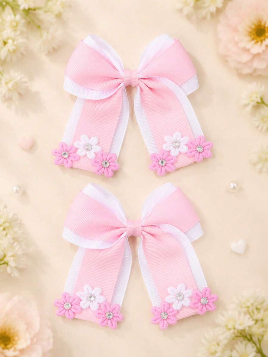 2pcs Pink & White Plaid Ribbon Bow Hair Clips With Daisy Rhinestone Decor, Cute Hair Accessories For Girls & Teens, Gift, Daily Wear - Multicolor - View 1