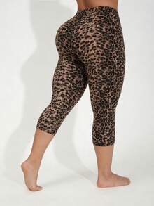 Spring/Summer Women's Plus Size Sexy Leopard Print Brown Butt-Lifting Elastic Casual Tight Leggings, Capri Length Pants For Sports, Running, Fitness, Home, Yoga, Outdoor, Vacation, Walking - Multicolor - View 2