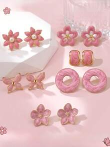 12pcs Pink Gradient Enamel Earring Set, Includes Gold-Rimmed Cherry Blossom Earrings, Faux Pearl Earrings, Butterfly Earrings, Hoop Earrings, Geometric Square Earrings. French Vintage Girly Style Earrings, Daily Commute, Date, Vacation Accessories, Valentine's Day, Spring, Birthday Gift, Ins Fresh Niche Ear Jewelry - Geometric Flower and Butterfly Design - View 1