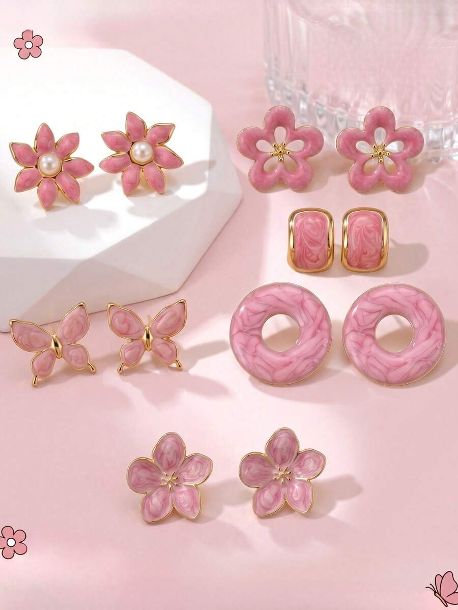 12pcs Pink Gradient Enamel Earring Set, Includes Gold-Rimmed Cherry Blossom Earrings, Faux Pearl Earrings, Butterfly Earrings, Hoop Earrings, Geometric Square Earrings. French Vintage Girly Style Earrings, Daily Commute, Date, Vacation Accessories, Valentine's Day, Spring, Birthday Gift, Ins Fresh Niche Ear Jewelry - Geometric Flower and Butterfly Design - View 1