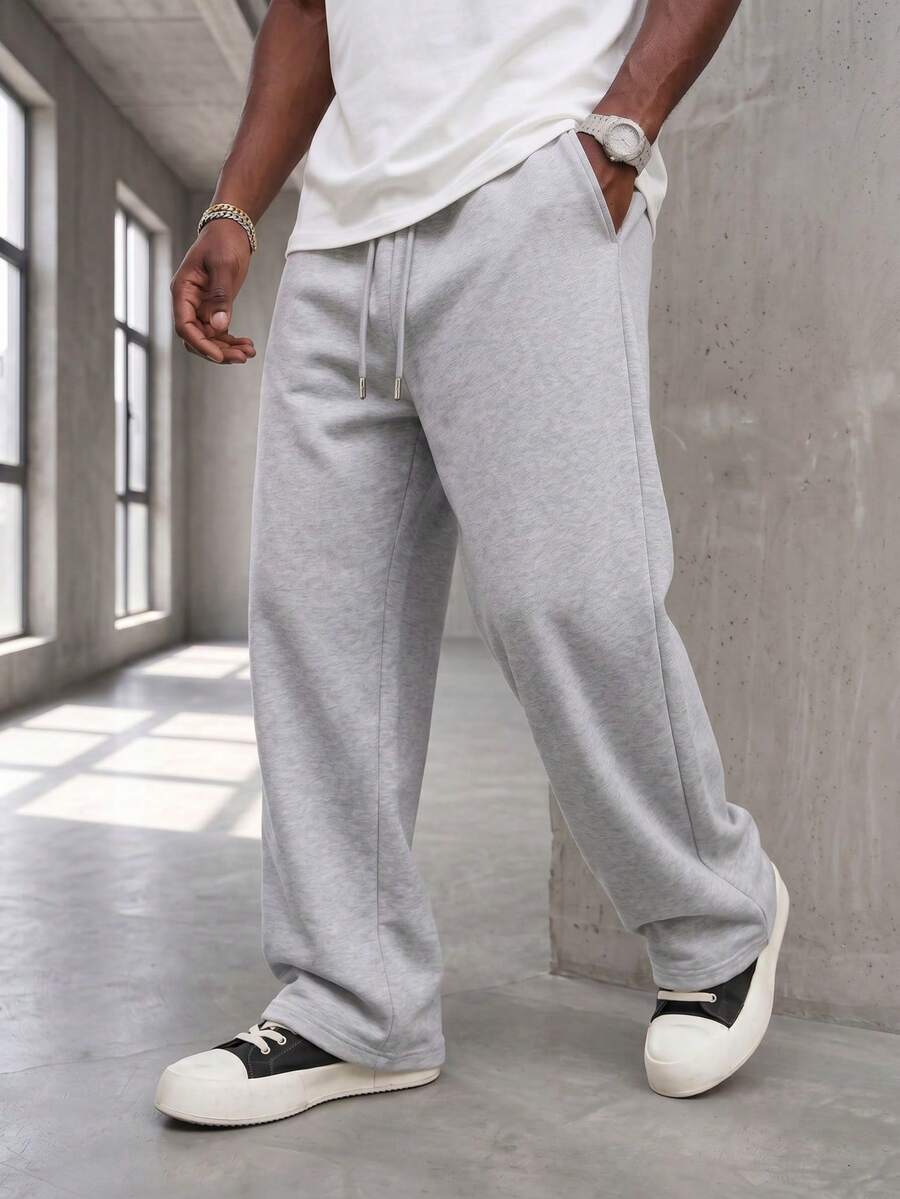 GRDR Men's Elastic Waist Drawstring Casual Pants, Loose Drapey Lazy Wide Leg Long Pants For Summer - Light Grey - View 1
