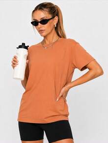 Nonwe Women Loose Fit Plain Short Sleeve T Shirt Soft Stretch Crew Neck Casual Sports Basic Tee Daily Wear - Brown - View 8