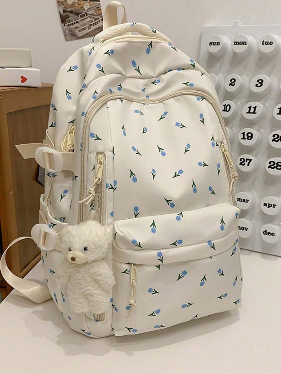 女款多功能純色校園後背包,大容量極簡多隔層旅行背包,實用學生書包,防水時尚商務休閒筆電包,潮流後背包,校園包,學生包 - 白色 - 查看 1