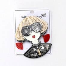 Fashion Lady Acrylic Brooch Blonde Bob Sunglasses Red Tassel Earring Doll Figure Lapel Pin Women Coat Daily Party Fun Unique Statement Jewelry Gift - Multicolor - View 5