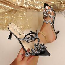 New Metal Silver Rhinestone Branch Pointed Toe Stiletto Heel Half-Slip Large Size Wide Feet Elegant Party Date Versatile High Heel Sandals - Black - View 1
