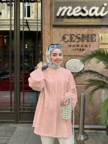 Plus Size Light Pink Woven Funnel Neck Top With Bishop Sleeves And Pleated Details, Casual Loose Regular Length Blouse Fall - Pink - View 1
