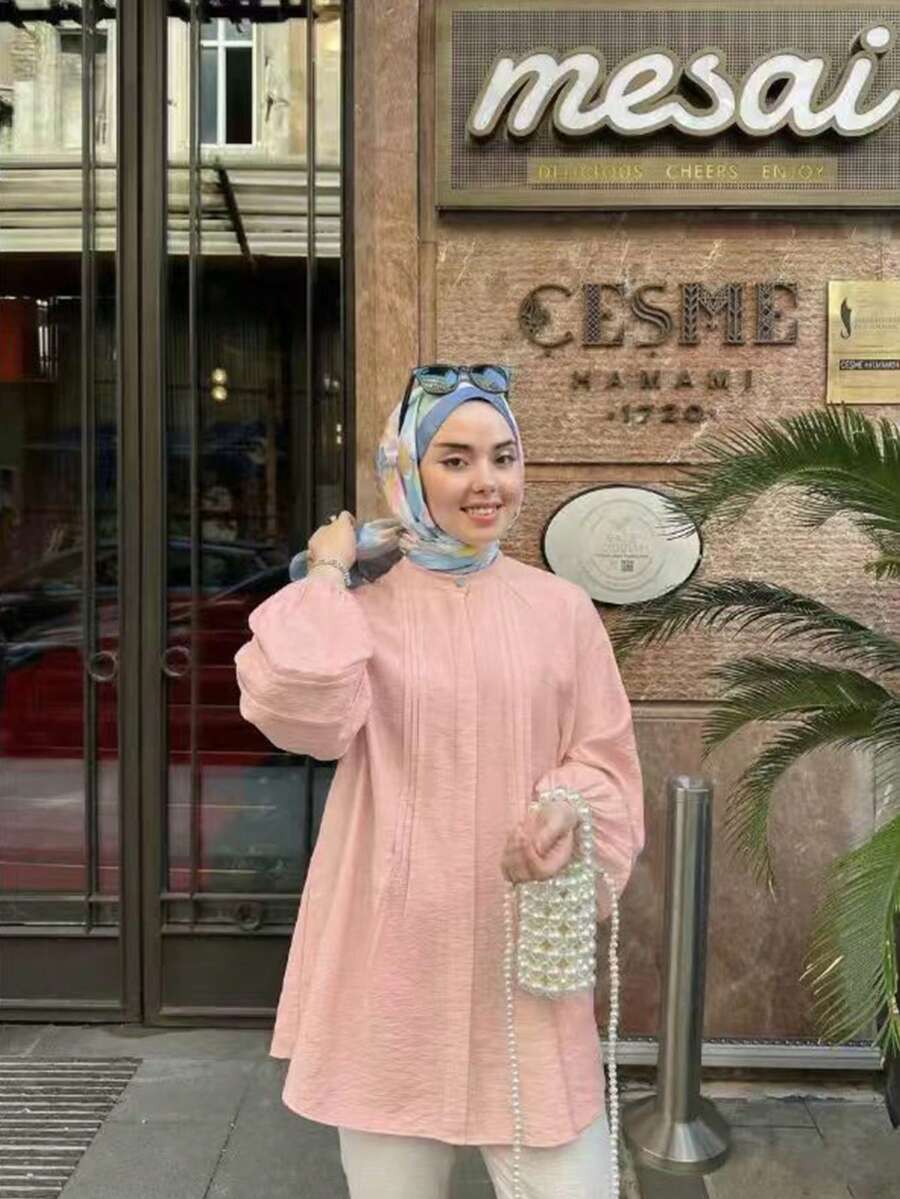 Plus Size Light Pink Woven Funnel Neck Top With Bishop Sleeves And Pleated Details, Casual Loose Regular Length Blouse Fall - Pink - View 1