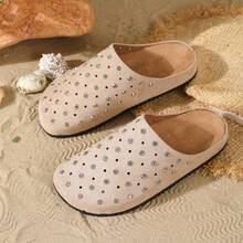 HGUIGJ Sandal Selop Wanita Berhiaskan Rhinestone dan Dekorasi Berongga, Bahan Suede Imitasi, Sandal Selop Sehari-hari untuk Liburan, Belanja, dan Perjalanan Sepanjang Musim - Aprikot - View 7