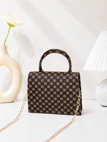 Mirror Glossy Patent Leather Fashion Chain Handbag - Brown - View 7