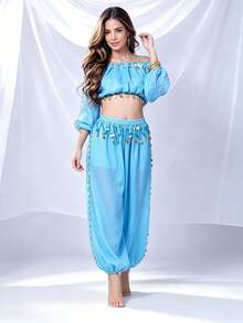 Professional Belly Dance Coin Fringe Halter Crop Top, Elastic Waist Dot Mesh Harem Pants For Dance Training, Cultural Shows And Competitions - Multicolor - View 11