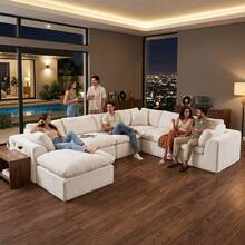 ATOMHOME 140" Oversized Boneless Couch Cloud Modular Sectional Sofa For Living Room, 7 Seat Convertible U Shaped Couch W/ Chaise Lounge & Ottoman, Compressed Chenille Sofa Deep Seat L Shaped Sleeper Bed No Assembly Furniture Apartment Office Home Decor Beige - 米色 - 查看 4