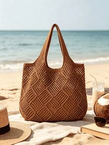 Large Capacity Hollow Knitted Tote Bag, Women's Lightweight Breathable Solid Color Woven Handbag, Suitable For Beach Travel Holiday Vacation Essentials - Brown - View 4