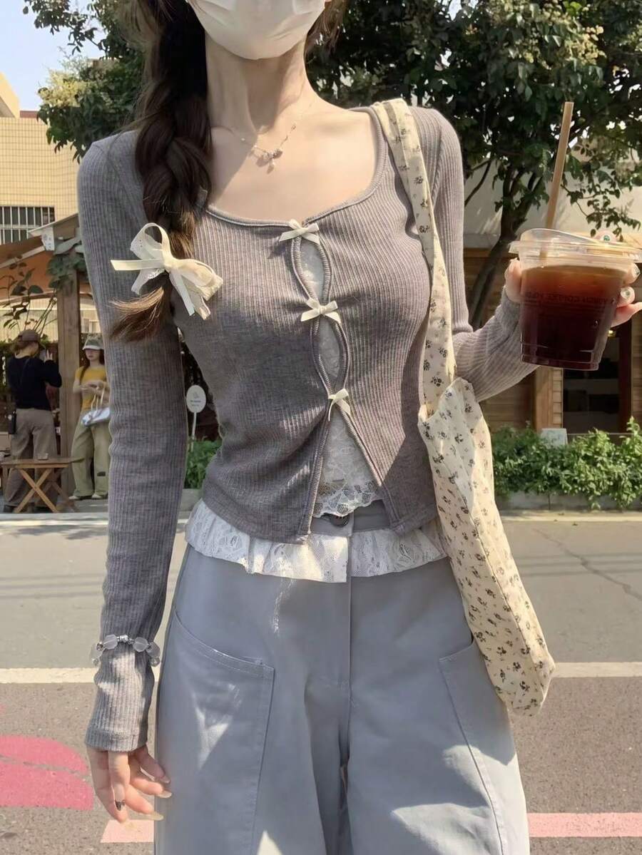 女款可愛長袖蝴蝶結裝飾蕾絲拼接 2-in-1 上衣,適合情人節、春/夏季 - 灰色 - 查看 1
