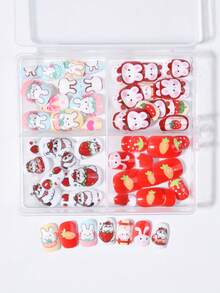 96pcs (4 Styles)/Box, Short Oval Cute Rabbit, Cat And Strawberry Pattern Nail Stickers, Sweet Style Press-On Nails - 彩色 - 查看 5