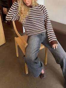 Sweater Pullover Rajut Lengan Pendek Panjang Reguler Warna Cokelat untuk Wanita, Cocok untuk Mode Musim Gugur - Coklat - View 5