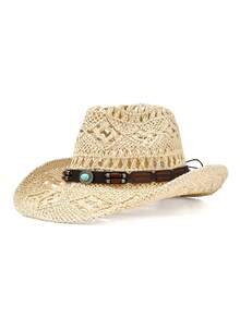1 pieza Sombrero de paja de vaquero occidental blanco crema con ganchillo hueco, decoración de hebilla de cuero turquesa bohemio, ala ancha tejida transpirable y llamativa para protección solar, estilo vintage de vacaciones que favorece el rostro, adecuado para salidas a la playa y festivales de música - sombrero de paja - Ver 12