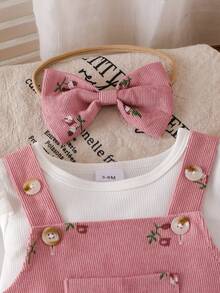 Baby Girl 3-Piece Set For Spring/Autumn: White Ruffle Sleeve Bodysuit + Pink Floral Ruffle Hem Suspender Dress, Comes With Matching Hair Accessory - Pink - View 5