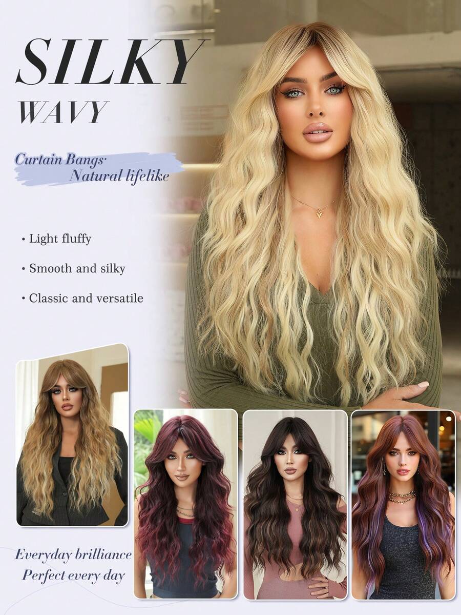 7JHH WIGS Pelucas largas onduladas y rizadas con flequillo de cortina para mujeres, de 28 pulgadas, de fibra sintética resistente al calor, esponjosas para uso diario, fiestas y cosplay (Rubio Ombré, Marrón Ombré, Rojo, Gris, Marrón Miel, Púrpura, Marrón Cálido)