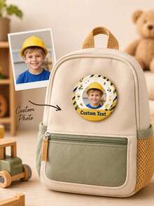 1pc Personalized Round Photo Pin Badge With Custom Name, Construction Truck Theme, Custom Picture Button Brooch For Backpack, Jacket, School Bag, Birt - Multicolor - View 2