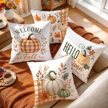 4 piezas Fundas de almohada con patrón de calabaza de otoño a cuadros naranjas sin rellenos, fundas de almohada impresas en un solo lado, adecuadas para sala de estar, dormitorio, decoración del hogar, fundas de almohada para todas las estaciones - Multicolor - Ver 7