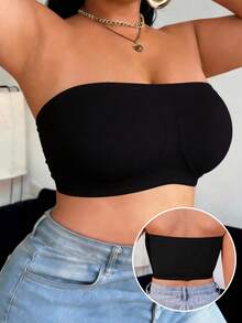 1PC,EssElegance,Plus Size Solid Ribbed Strapless Tube Top,Breathable High Elastic Anti-Slip Seamless Wire-Free Bandeau Bra For Women Daily Layering - Black - View 1