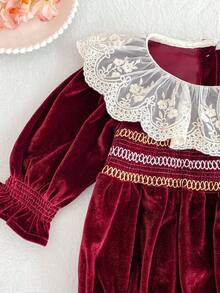 Girls' Red Lace Large Collar Ruffle Long Sleeve Dress, Spring/Autumn Christmas Holiday Dress - Burgundy - View 5