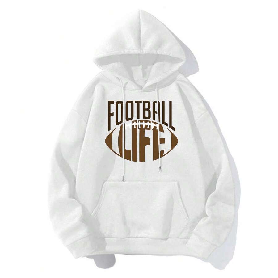 American Football Print Hoodie, Warm Hooded Jacket, New Loose-Fit Printed Style - 白色3 - 查看 1