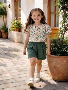 2 peças/Conjunto Blusa com Manga Bufante Floral e Shorts para Meninas, Conjunto de Roupas Fashionistas de Verão - Verde - Visão 1