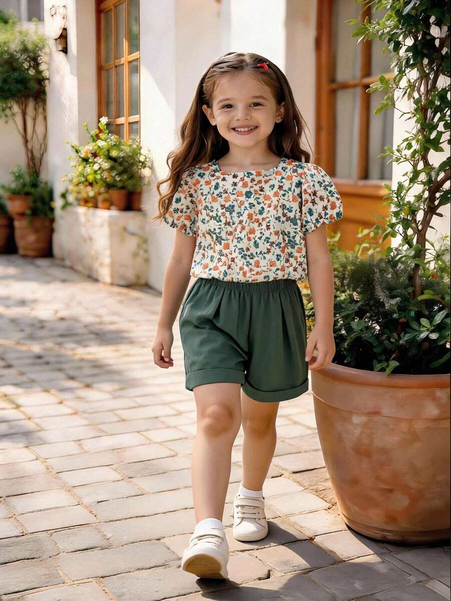 2 peças/Conjunto Blusa com Manga Bufante Floral e Shorts para Meninas, Conjunto de Roupas Fashionistas de Verão - Verde - Visão 1