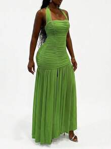 Blazique New Fashion Women's Halter Backless Ruched Patchwork Bodycon Dress Party Summer Elegant - Green - View 1
