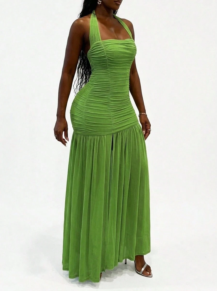 Blazique New Fashion Women's Halter Backless Ruched Patchwork Bodycon Dress Party Summer Elegant - Green - View 1