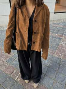 Women's Casual Suede Button-Down Coat, Work For Women, Back To School, Going Out , Brown Top, Fall Winter 2026 - Coffee Brown - View 2