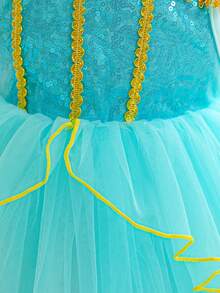 Baby Girls Bubble Short Sleeve Sequin Mesh Princess Dress, Gold Trim Puff Skirt, Birthday Halloween Holiday Dress, Jasmine Princess Dress, Themed Outfit, Middle Eastern Fairy Tale Gown - Baby Blue - View 6