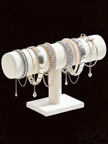 1pc Elegant Velvet T-Shape Bracelet Display Stand - Desktop Jewelry Holder, Multifunctional Desktop Accessory Organizer, Sturdy Plastic Base, Suitable For Necklaces, Bracelets And Watches - White - View 4