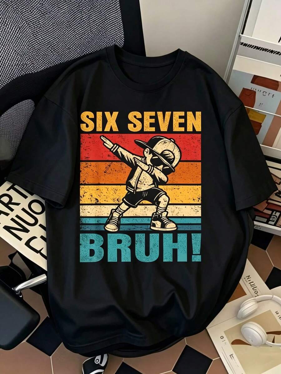 Fun Six Seven Bruh Internet Meme T-Shirt For Men - "Design With Dance Pose - Casual Round Neck Tee, Comfortable For All Seasons, Gift For Youth - style1 - 查看 1