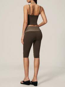 TimeOff Women's One Set Polka Dot 2 In 1 Patchwork V-Neck Halter Tank Top & Folded Waist Mid-Length Pants Sports Set - Brown - View 3