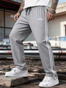 Men's Elastic Waist Colorblock Sports Long Pants, Spring/Autumn Fashion Back Pocket Design Straight Leg Casual Pants - Light Grey - View 4