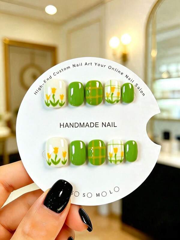 10pcs Handmade Press-On Fake Nails, Short Square Round Shape, Milky White Base With Hand-Painted Tulip Flower + Yellow Green Plaid Pattern, Unique Niche Style For Girls, Suitable For Daily Wear, Includes Tool Kit