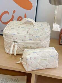 1pc Beige Quilted Bear Design Girls Makeup & Skincare Cosmetic Bag With Zipper, Travel & Vacation Essential Organizer For Sanitary Pads, Lipstick, Cosmetics, Perfume, Makeup Brushes, Suitable For Women, Students, Gift For Friends, Holiday Gift - Apricot - View 6