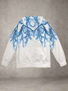 Men's White Pullover Sweatshirt, All Over Blue Lightning Graphic Print Drawstring Kangaroo Pocket Loose Hip Hop Street Sweatshirt, Fashionable Print Pullover Sweatshirt Suitable For Outdoor Sports And Casual Wear - White - View 3
