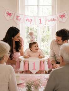 Conjunto de Bandera de Corona con Lazo para Silla Alta del 1er Cumpleaños, Decoraciones para Niña del 1er Cumpleaños, Bandera de Lazo Rosa, Accesorios para Fotos de Pastel Dulce, Fiesta de Princesa Pequeña con Lazo de Cinta Rosa - Rosa - Ver 2