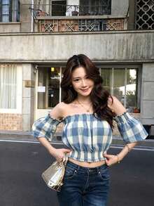 YCYC 女款露肩格紋上衣，性感露鎖骨韓式法式風短袖上衣，夏季穿搭 - 藍色 - 查看 1