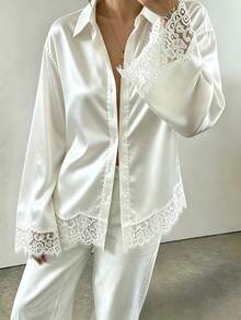 Women's Spring/Autumn Glossy Satin Lace Trim Turn-Down Collar Button-Up Flared Sleeve Asymmetrical Hem Waist Tie Long Sleeve Blouse - White - View 7