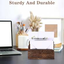 Wooden Mail Organizer 3 Tier Letter Holder Desk File Document Storage Box Envelope Paper Organization Accessories Shelf Home Office Desktop Caddy Rustic Wood Container Supplies Station - Multicolor - View 3