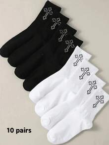 1/2/5/10/20pairsMen's Versatile Comfortable Plain Black & White Design Mid-Calf Socks, All-Season, Fall - Multicolor - View 9