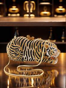 Women Cute Tiger Shaped Evening Clutch Sparkling Rhinestones Handbag Prom Party Purse - Gold - View 1