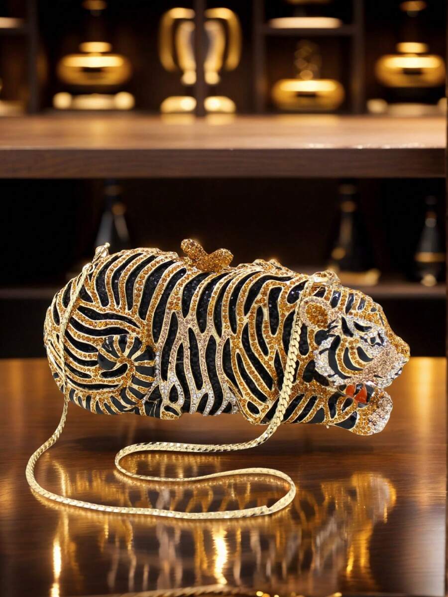 Women Cute Tiger Shaped Evening Clutch Sparkling Rhinestones Handbag Prom Party Purse - Gold - View 1